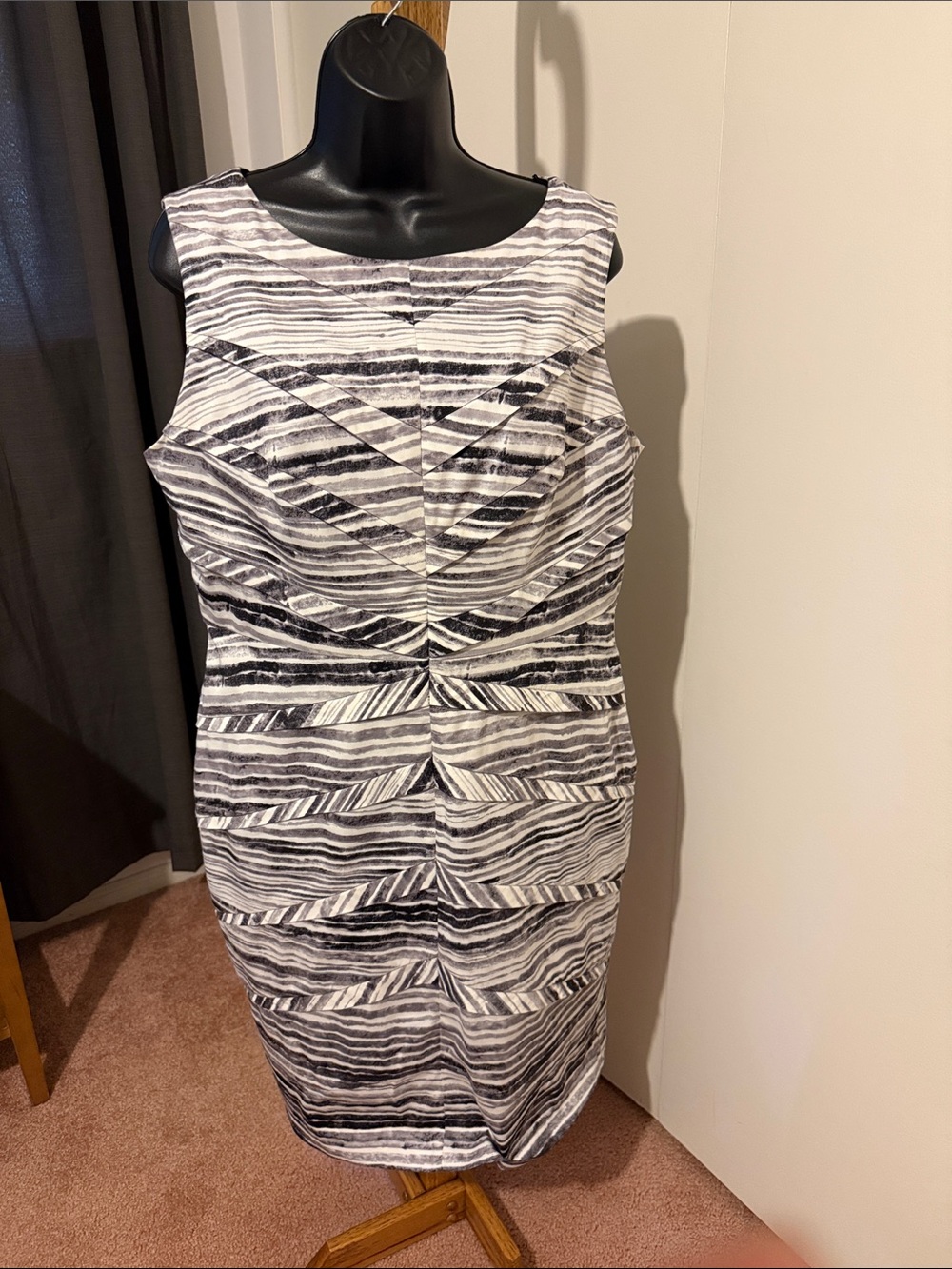 Adrianna Papell Black & White Striped Midi Sheath Dress